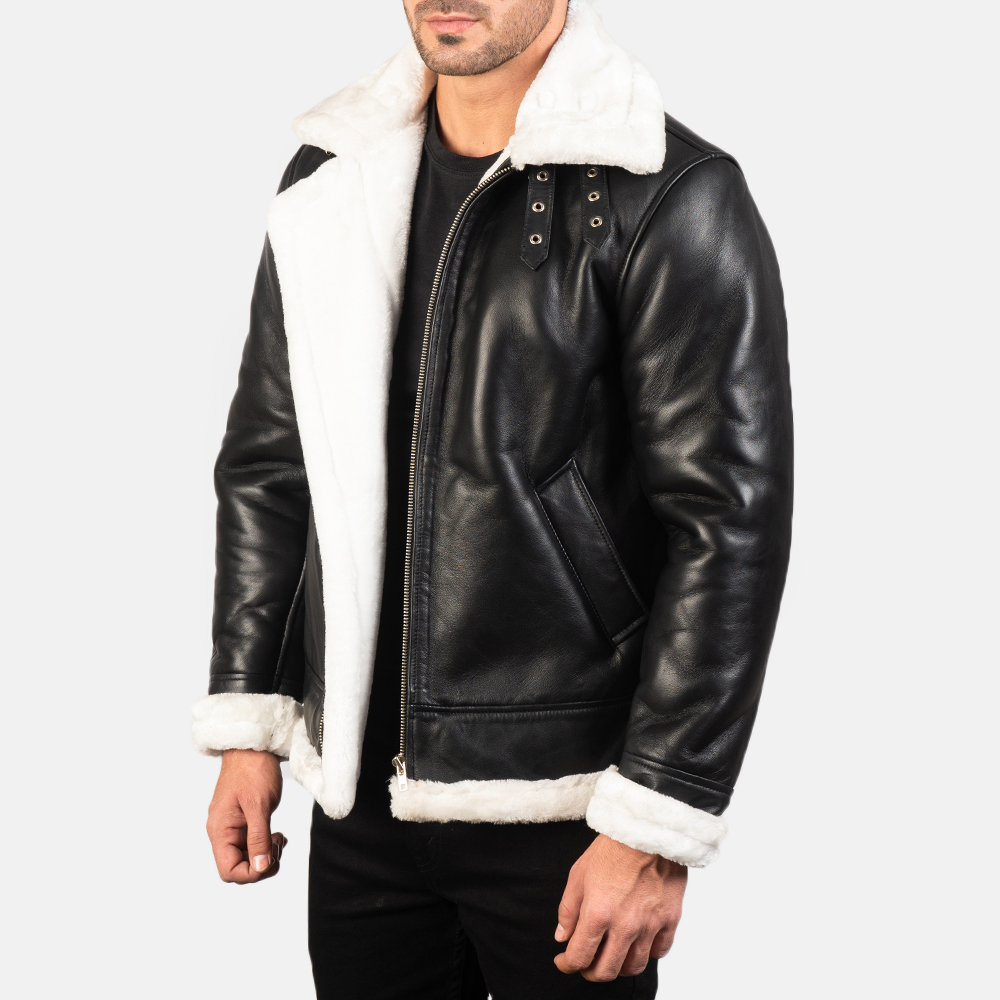 black leather jacket with white fur